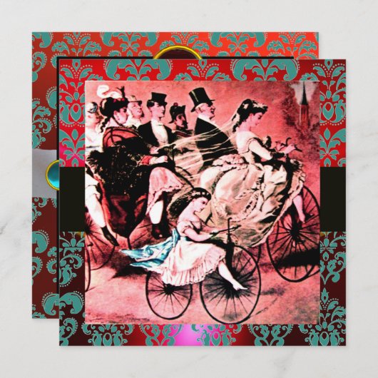 SCHWARZES, ROTES BLAU BICYCLE WEDD DAMASK MONOGRAM EINLADUNG (Vorne/Hinten)