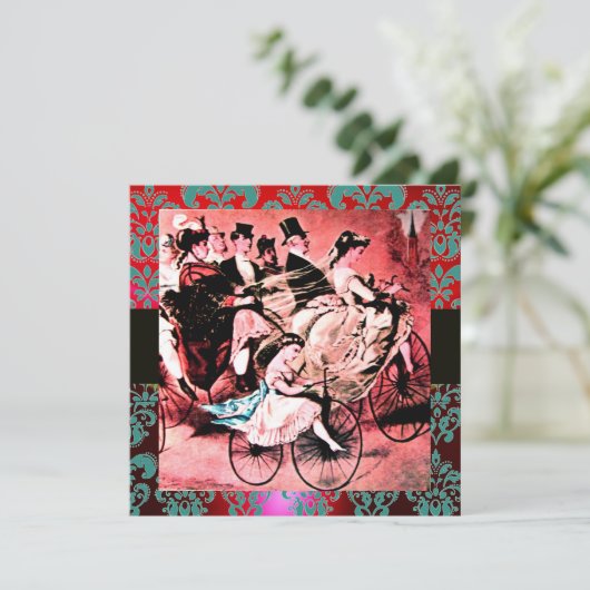 SCHWARZES, ROTES BLAU BICYCLE WEDD DAMASK MONOGRAM EINLADUNG (Stehend Vorderseite)