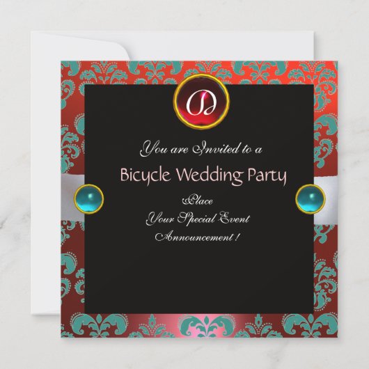 SCHWARZES, ROTES BLAU BICYCLE WEDD DAMASK MONOGRAM EINLADUNG (Rückseite)