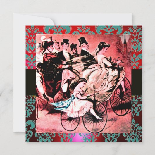 SCHWARZES, ROTES BLAU BICYCLE WEDD DAMASK MONOGRAM EINLADUNG (Vorderseite)