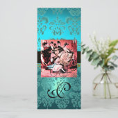 SCHWARZES, ROTES BLAU BICYCLE WEDD DAMASK MONOGRAM EINLADUNG (Stehend Vorderseite)