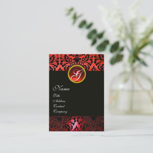 SCHWARZES ROTES DAMASK-FLORAL-MONOGRAMM ,Ruby-Gem Visitenkarte (Stehend Vorderseite)