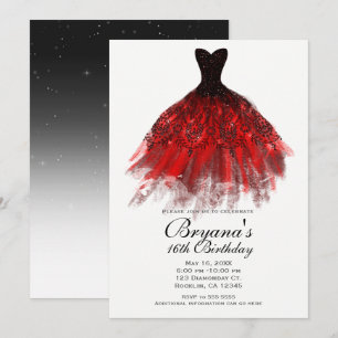 Schwarzes rotes Glitzer Elegantes Kleid Geburtstag Einladung