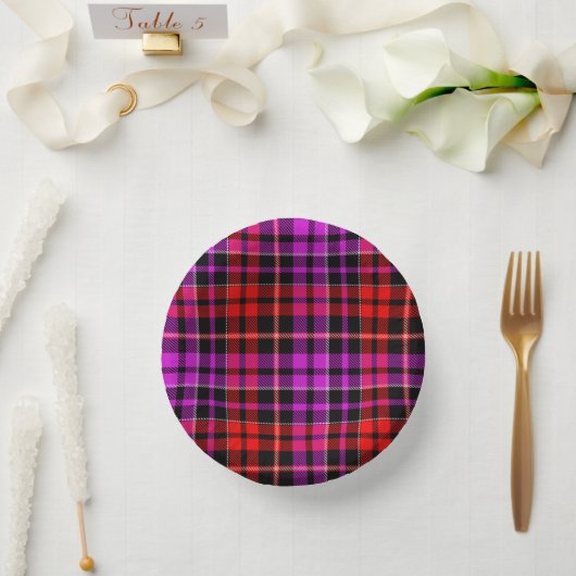 Schwarzes rotes violettes Karo-Tartan-Design Pappteller (Hochzeit)