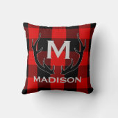 Schwarzes Rotwild-Geweih-Monogramm-roter Kissen (Rückseite)