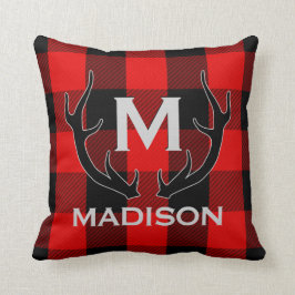 Schwarzes Rotwild-Geweih-Monogramm-roter Kissen