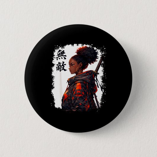 Schwarzes Samurai-Mädchen Anime Krieger Afro Afrik Button (Vorderseite)