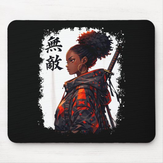 Schwarzes Samurai-Mädchen Anime Krieger Afro Afrik Mousepad (Vorne)