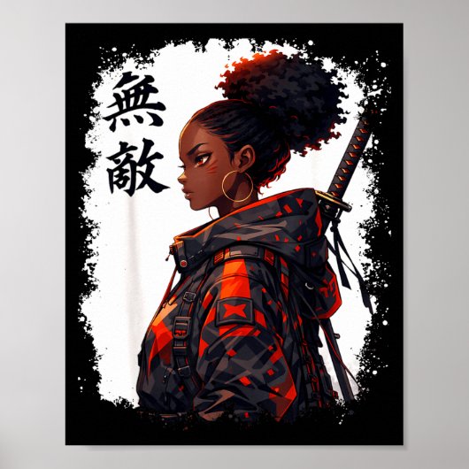 Schwarzes Samurai-Mädchen Anime-Krieger Afro Afrik Poster (Vorne)