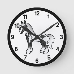 Schwarzes Schecken-Cartoon-Gypsy-Vanner-Shire-Pfer Runde Wanduhr