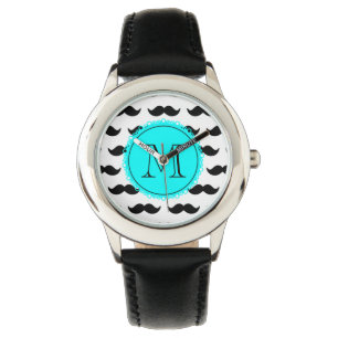 Schwarzes Schnurrbart-Muster, Aqua-Blau-Monogramm Armbanduhr