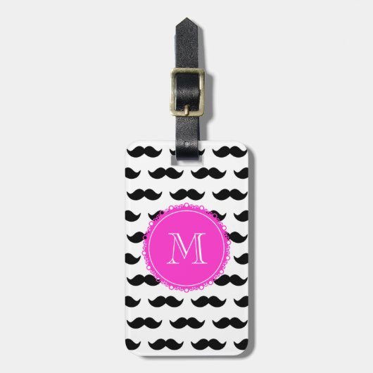 Schwarzes Schnurrbart-Muster, Pink-Monogramm Gepäckanhänger (Vorderseite vertikal)