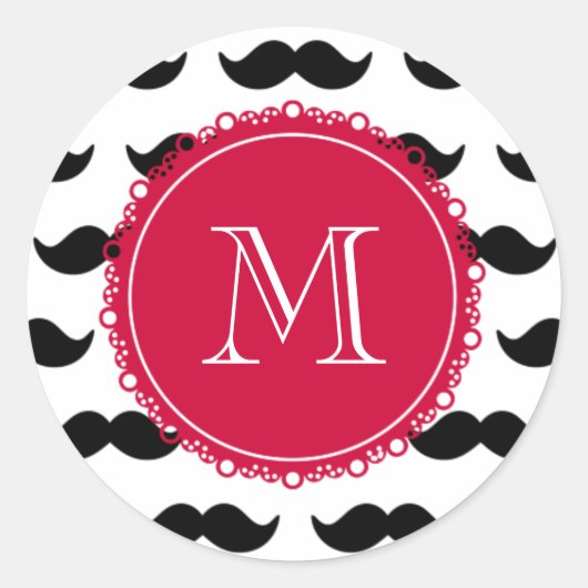 Schwarzes Schnurrmuster, rotes Monogramm Runder Aufkleber (Vorderseite)