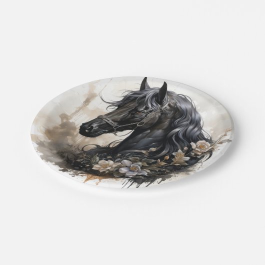 Schwarzes Schönheitspferd Pappteller (Schrägansicht)
