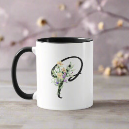 Schwarzes Script Letter "P" Wasserfarbige Blume Tasse