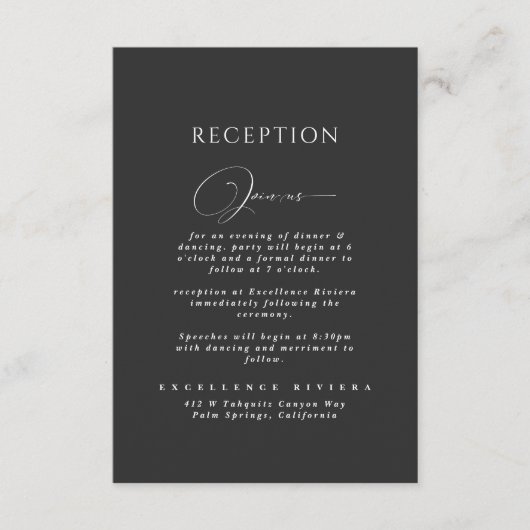 Schwarzes Script Modernes Chic Hochzeitsempfang Begleitkarte (Vorderseite)