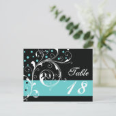 Schwarzes Scrollblatt, Aqua-Hochzeit-Tischnummer Postkarte (Stehend Vorderseite)