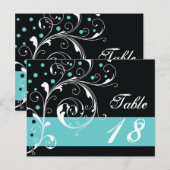 Schwarzes Scrollblatt, Aqua-Hochzeit-Tischnummer Postkarte (Vorne/Hinten)