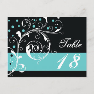 Schwarzes Scrollblatt, Aqua-Hochzeit-Tischnummer Postkarte