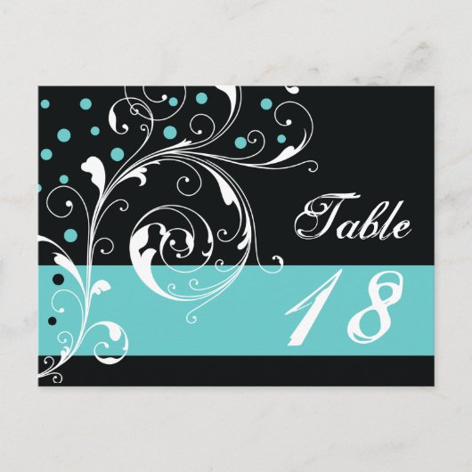 Schwarzes Scrollblatt, Aqua-Hochzeit-Tischnummer Postkarte (Vorderseite)
