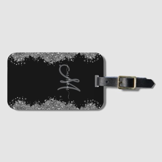 Schwarzes Silber-Faux-Glitter Grau Modernes Monogr Gepäckanhänger (Vorderseite (Horizontal))