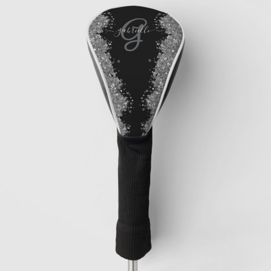 Schwarzes Silber Glitter Grau Modernes Monogramm Golf Headcover (Vorderseite)
