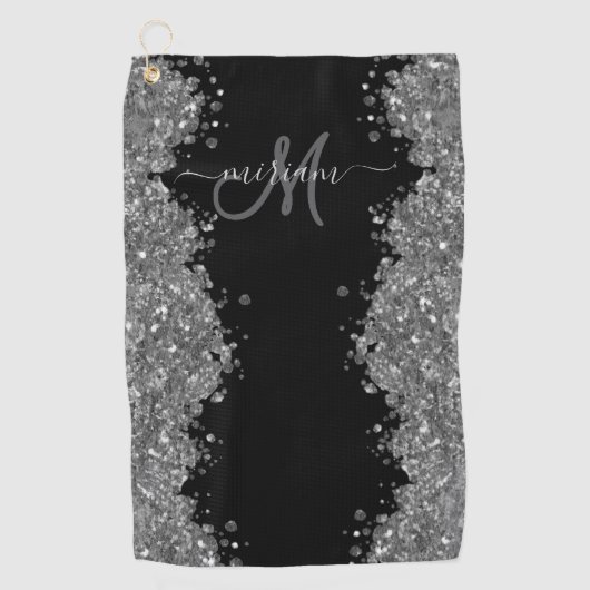 Schwarzes Silber Glitter Grau Modernes Monogramm Golfhandtuch (Vorderseite)