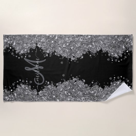 Schwarzes Silber Glitter Grau Modernes Monogramm Strandtuch (Vorderseite)