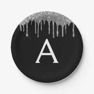 Schwarzes Silber Glitter Monogram Geburtstag Pappteller