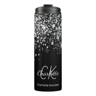 Schwarzes Silber Glitter Monogramm Name Funkeln Thermosbecher