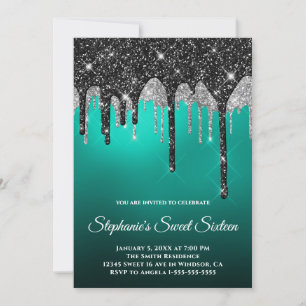 Schwarzes Silber Glitter Türkis Teal Ombre Sweet 1 Einladung