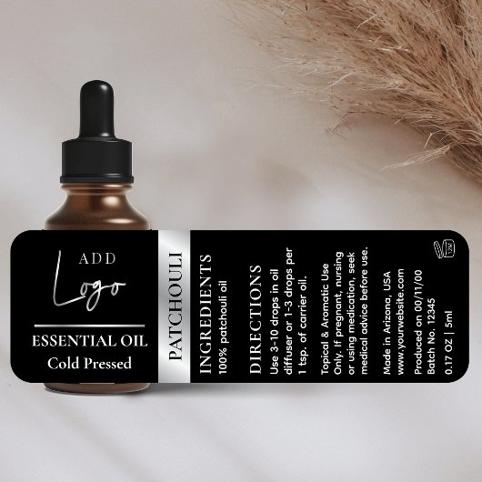 Schwarzes Silber Logo Essential Oil Flasche Wasser Etiketten