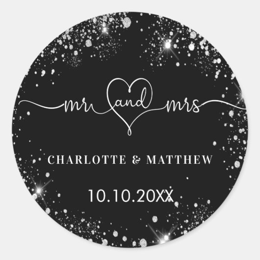 Schwarzes Silber mehr Herz Hochzeit Runder Aufkleber (Vorderseite)