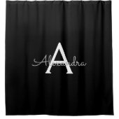 Schwarzes silbernes modernes Skript girly Monogram Duschvorhang (Vorderseite)