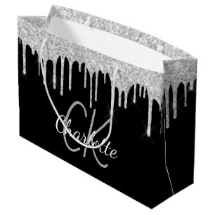 Schwarzes silbernes Monogramm Name modern elegant Große Geschenktüte