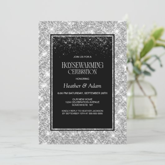 Schwarzes Silver Housewarming-Party Einladung (Stehend Vorderseite)