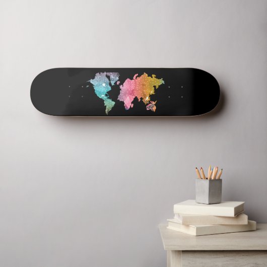 Schwarzes Skateboard mit Rainbow World Map - Reise (Wandkunst (Horz))
