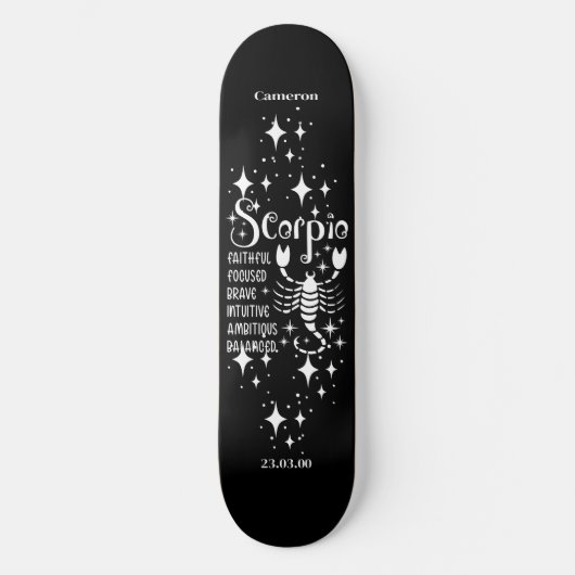 Schwarzes Skateboard mit Scorpio-Symbol (Vorderseite)