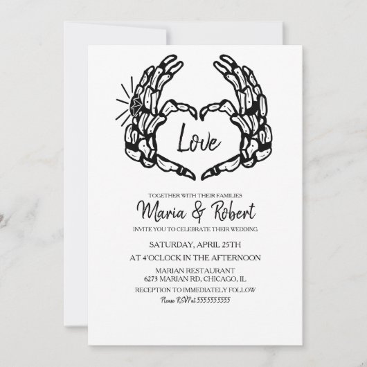 Schwarzes Skeleton Handherz mit Hochzeitsrennen Einladung (Vorderseite)