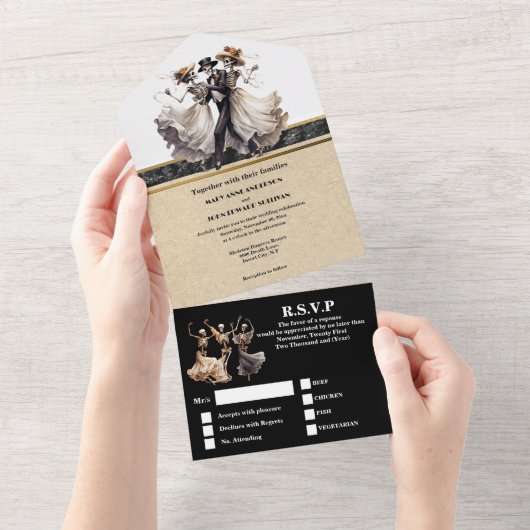 Schwarzes Skelett Bräutigam gotische Hochzeit All In One Einladung (Abreißtisch)