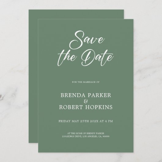 Schwarzes Skript auf grüner Hochzeit speichern Sie Einladung (Vorne/Hinten)