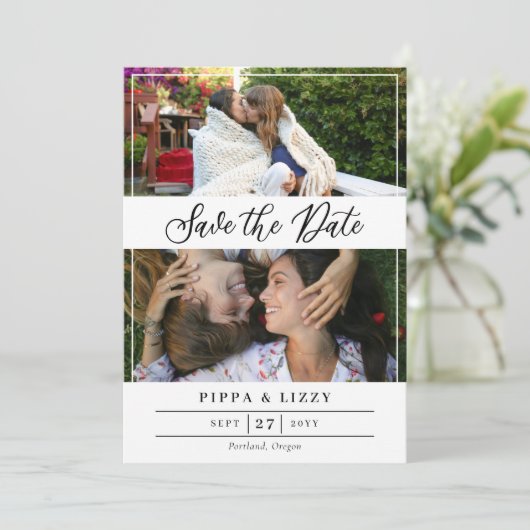 Schwarzes Skript Doppelseitige Fotos Save the Date (Stehend Vorderseite)