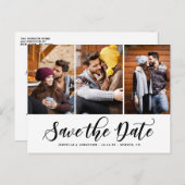 Schwarzes Skript Drei FotoCollage Save the Date Ankündigungspostkarte (Vorne/Hinten)