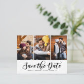Schwarzes Skript Drei FotoCollage Save the Date Ankündigungspostkarte (Stehend Vorderseite)
