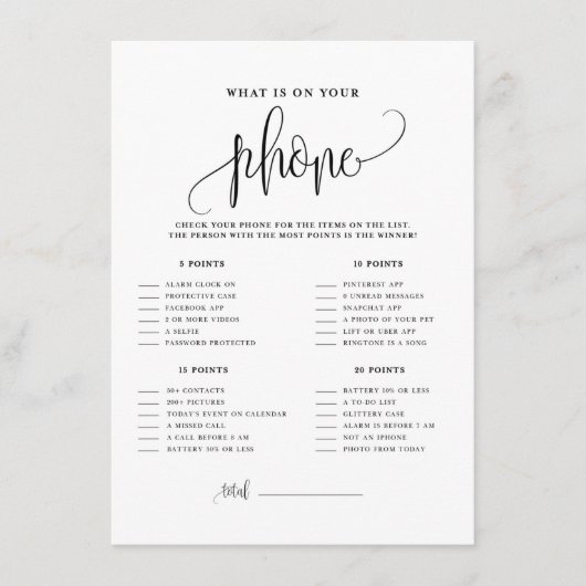 Schwarzes Skript Was ist auf Ihrem Handy-Duschgame Begleitkarte (Vorderseite)