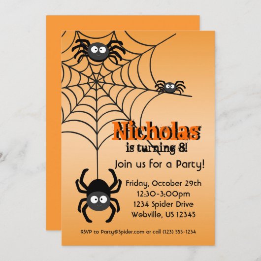 Schwarzes Spinnen-Netz orange Hallowen Party laden Einladung (Vorne/Hinten)