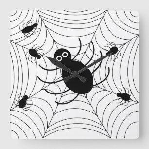 Schwarzes Spinnennetz Halloween Quadratische Wanduhr