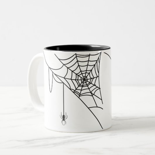 Schwarzes Spinnennetz und Spinne, Trick oder Trete Zweifarbige Tasse (Vorderseite Links)