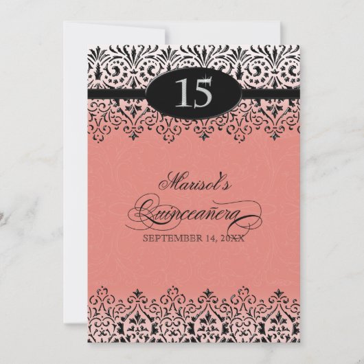 Schwarzes Spitze-Blick-Silber 15. Quinceanera n Einladung (Vorderseite)