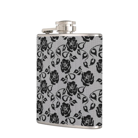 Schwarzes Spitzemuster auf weißem Hintergrund Flachmann (Links)